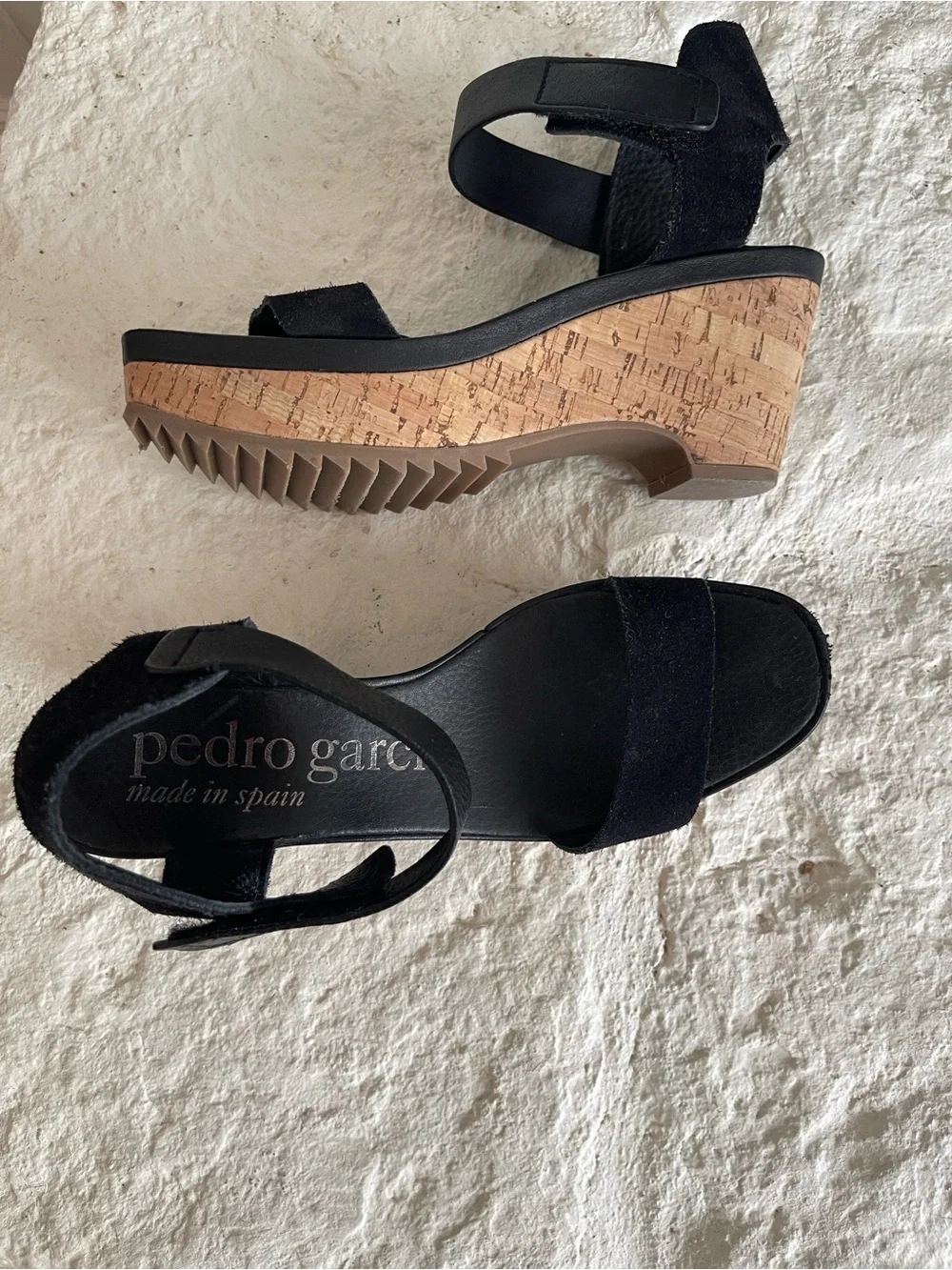 Pedro Garcia Franses Black Suede and Cork Wedge Sandal with Ankle Strap